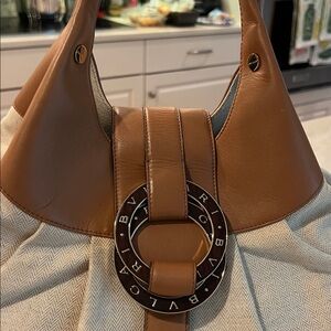 Bulgari Beige Canvas Shoulder Bag with Tan Leather trim excellent shoulder dusty